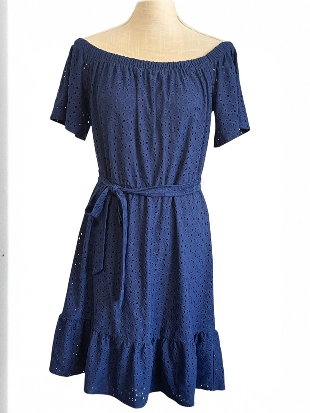 Off-the-Shoulder Bardot  Neckline Navy Eyelet Tie-Waist Tiered Hem Mini Dress